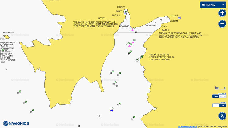 To open Navionics chart of yacht moorings in Porto Vromi on the island of Zakynthos in the Ionian Sea in Greece