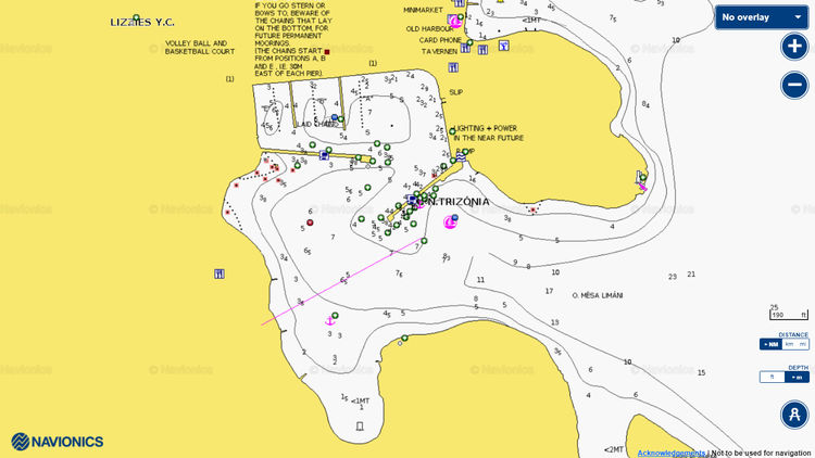 To open Navionics chart of yacht moorings in the Trizonia Yacht Marina. Korinthiakos Gulf. Ionian Sea. Greece