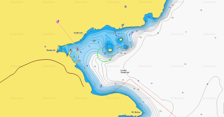 To open Navionics chart of yacht anchorages in Sudurad Bay