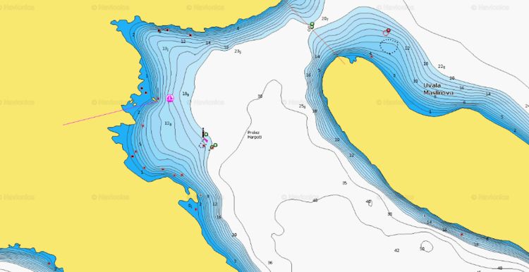 To open Navionics chart of yacht anchorages in Harpoti Strait