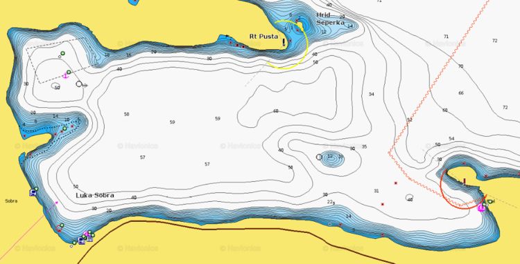 To open Naionics chart of yacht moorings in Sobra Bay