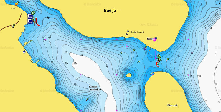 To open Naionics chart of yacht anchorages at Badija Island