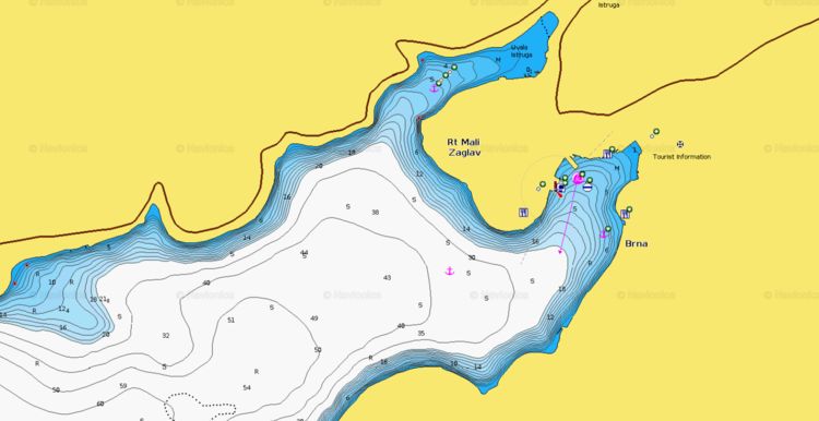 To open Naionics chart of yacht moorings in Brna and anchorage in Istruga Bay