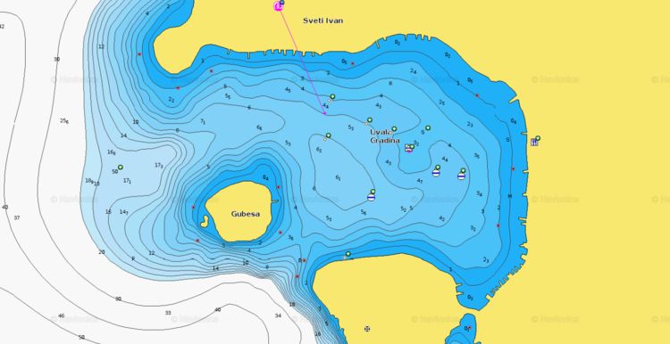 To open Naionics chart of yacht mooring at buoys in Gradina Bay