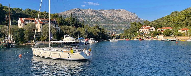 Yacht mooring on the buoys in Luka Banya Bay