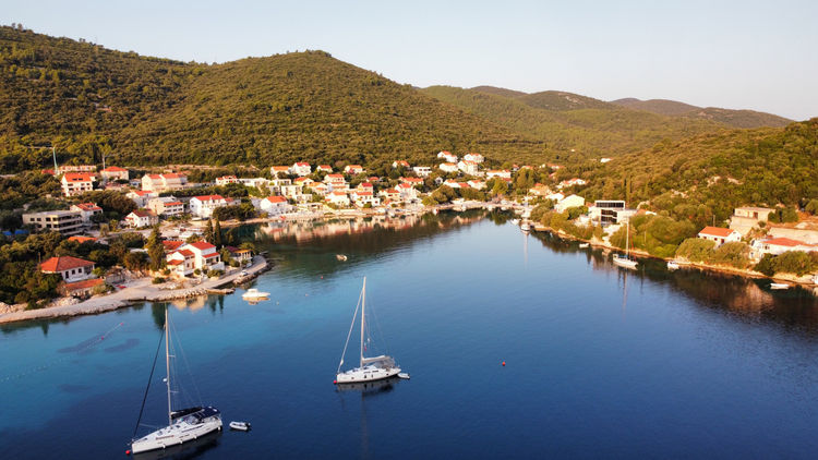 Yacht mooring on the buoys in Luka Banya Bay