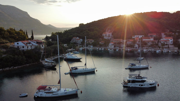 Yacht mooring on the buoys in Luka Banya Bay