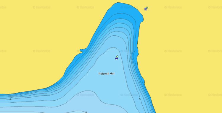 To open Naionics chart of yacht mooring on buoys in Pokonja dol Bay