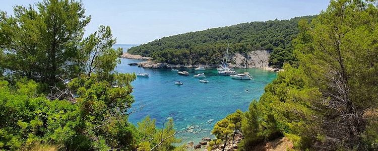 Yacht mooring on buoys in Velo Borca Bay