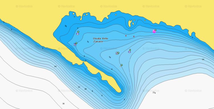 To open Naionics chart of yacht mooring on buoys in Velo Zarace Bay