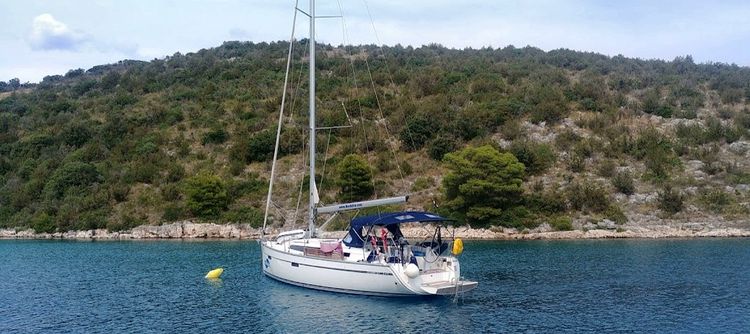 Yacht mooring at the buoys in Stupisca Bay