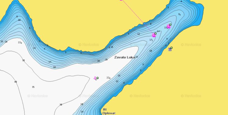 To open Naionics chart of yacht mooring on buoys in Zavala Bay