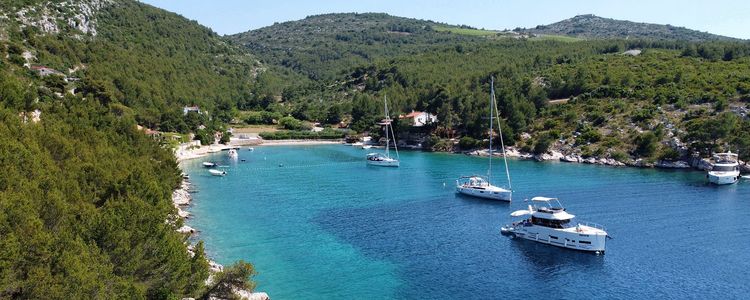 Yacht mooring on the buoys in Pribinja Bay