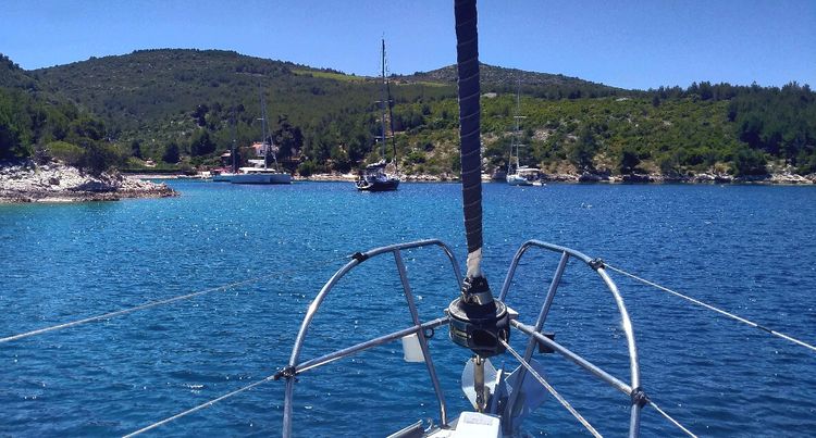 Yacht mooring on the buoys in Pribinja Bay