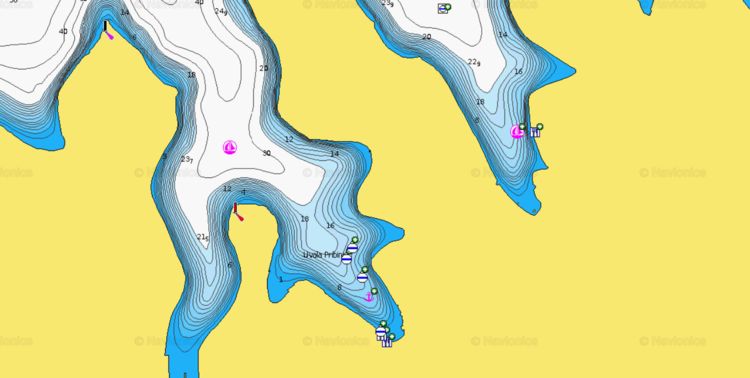 To open Naionics chart of yacht mooring on the buoys in Pribinja Bay