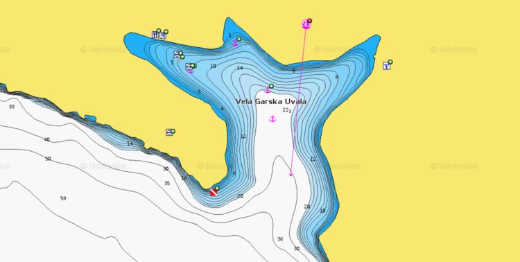 To open Naionics chart of yacht anchorages in Vela Garska Bay