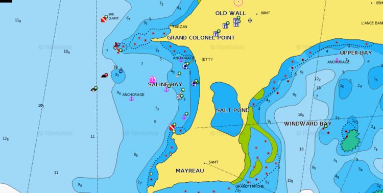 To open Navionics chart of yacht anchorage and mooring on buoys in Saline Bay