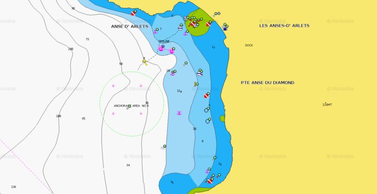 To open Navionics chart of yacht anchorage in Arlets Bay, Martinique