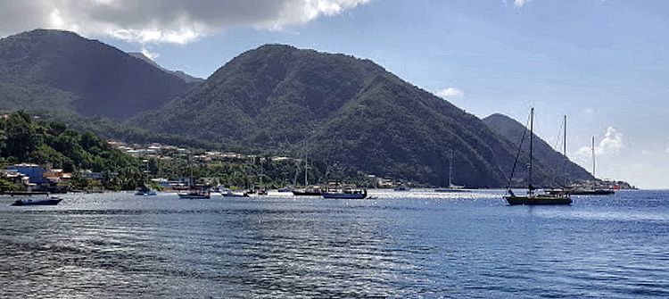 Yachts mooring at the buoys on Roseau roadstead