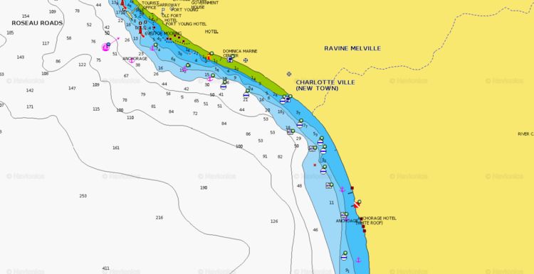 To open Navionics chart of the yacht moorings at the buoys at the roadstead of the Roseau