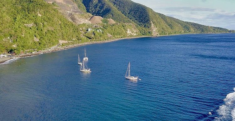 Yacht mooring on buoys and anchors south of Riviere Sens marina