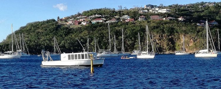 Yacht mooring on buoys and anchors in Malendure Bay