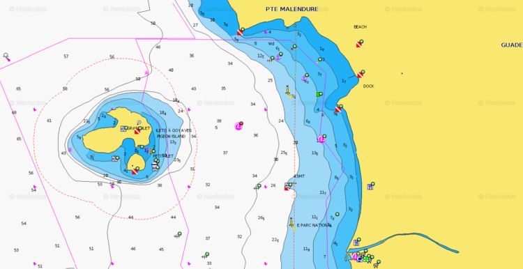 To open Navionics chart of yacht moorings on buoys and anchors in Malendure Bay