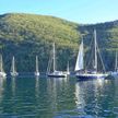 Yacht moorings on buoys and anchors in Deshaies Bay