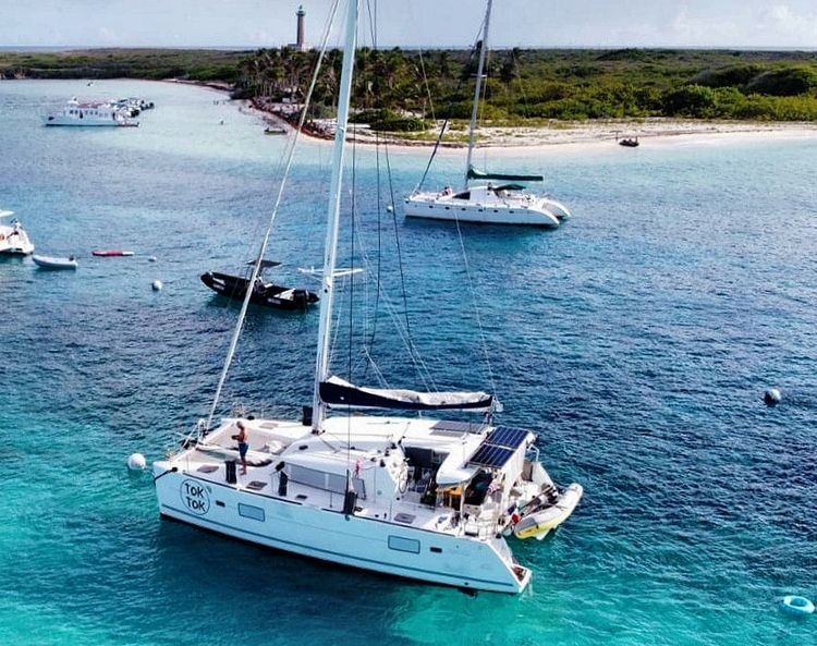 Yacht mooring on the buoys in the Petite Terre Reserve