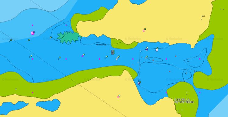 To open Navionics chart of yacht mooring on the buoys in the Petite Terre Reserve