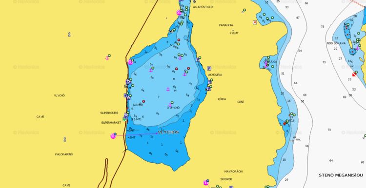 To open Navionics chart of the yacht anchorage in Vlicho Bay. Lefkas Island. Ionian Sea. Greece