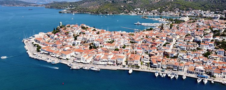 Yacht moorings at the south waterfront of Poros