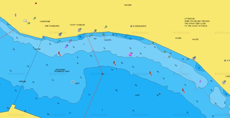 To open Navionics chart of the yacht mooring at South Waterfront of Poros