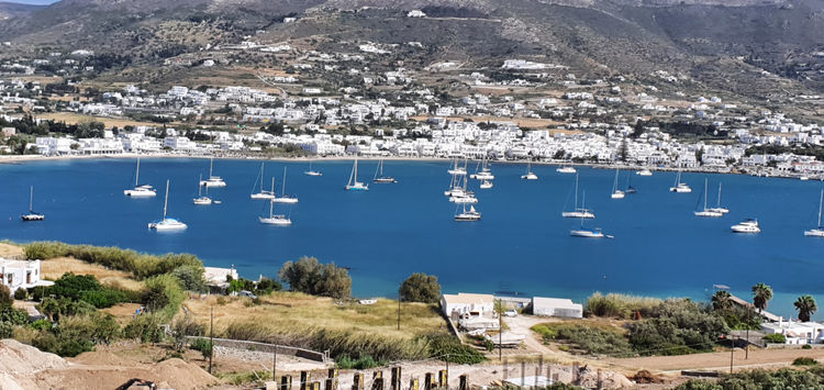 Yachts anchored near the Paroika Marina