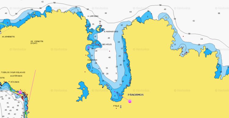 To open Navionics chart of yacht anchorage in Panormos bay