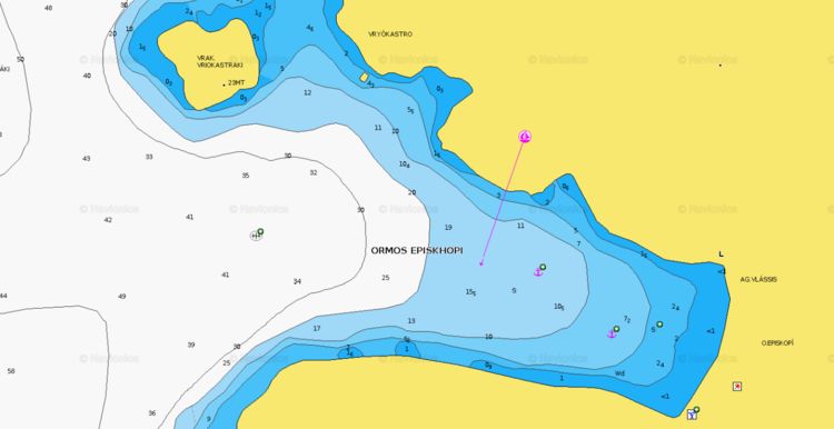 To open Navionics chart of yacht anchorage in Episkhopi Bay. Kithnos. Cyclades. Greece