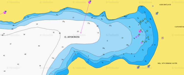 To open Navionics chart of yacht anchorage in Apokriosi Bay. Kithnos. Cyclades. Greece