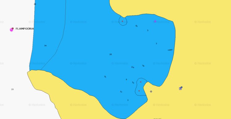 To open Navionics chart of yacht anchorage in Flampouria Bay. Kithnos. Cyclades. Greece