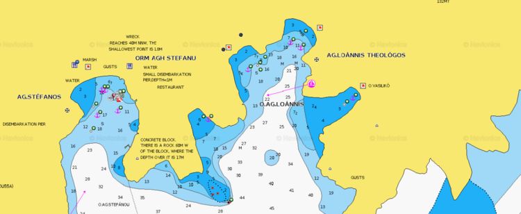 To open Navionics chart of yacht anchorage in Agios Ioanis bay. Kithnos. Cyclades. Greece