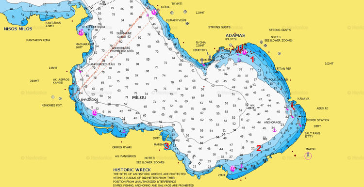 To open Navionics chart of yacht anchorages in Milou bay