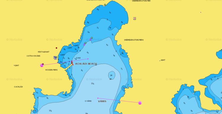 To open Navionics chart of the yacht anchorage in Varis Bay. Syros Island. Cyclades. Greece