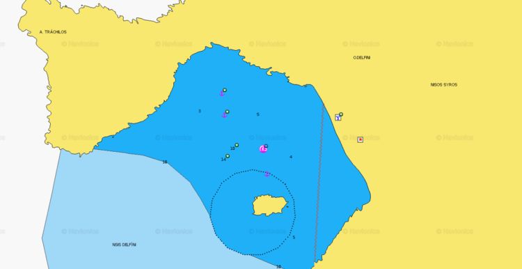 To open Navionics chart of the yacht anchorage in Delfini Bay. Syros Island. Cyclades. Greece