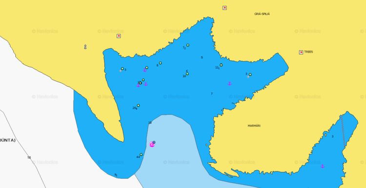 To open Navionics chart of the yacht anchorage in Grammata Bay. Syros Island. Cyclades. Greece