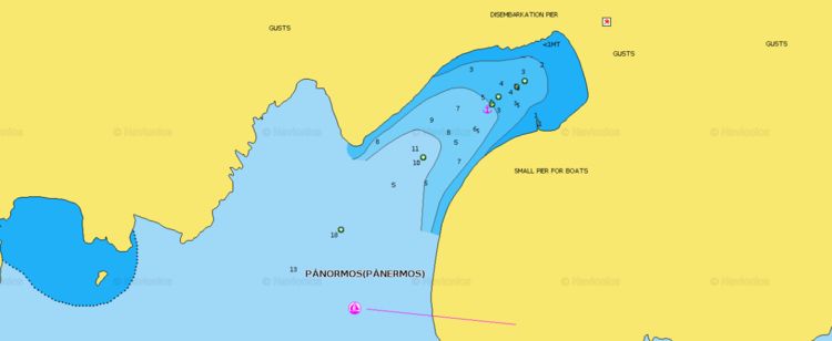 To open Navionics chart of the yacht anchorage in Panormos Bay. Naxos Island. Cyclades. Greece