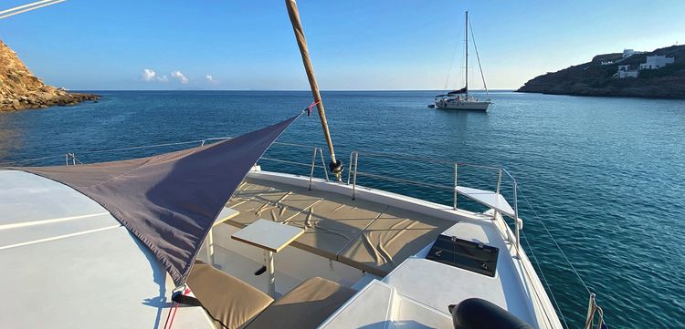 Yacht anchorage in Kolitsani Cove. Milopotas Bay.