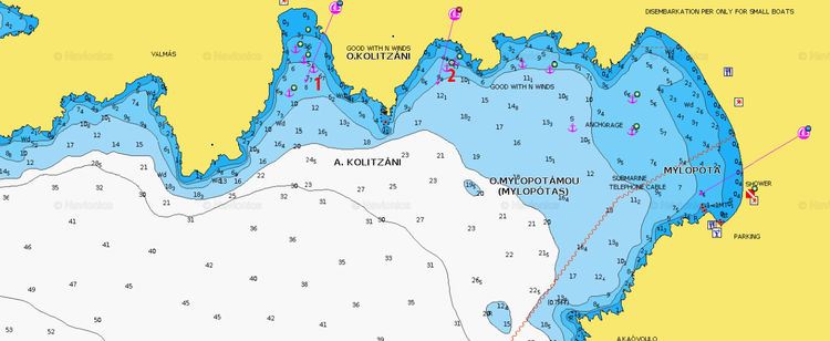 To open Navionics chart of yacht anchorages in Milopotas Bay on the south of Ios. Cyclades. Greece