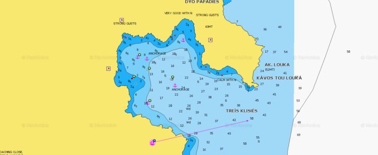 To open Navionics chart of yacht anchorages in Treis Klisies Bay on the south-east of Ios. Cyclades. Greece