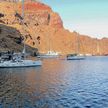 Yacht mooring at the buoys in Agios Nicholaos Bay on Thirasia Island