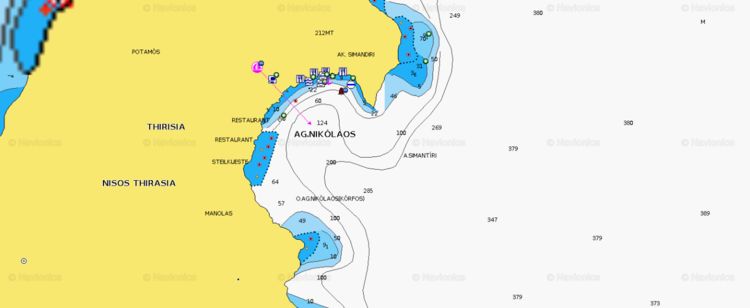 To open Navionics chart of yacht mooring at the buoys in St. Nicholas Bay on Thirasia Island. Santorini. Cyclades. Greece