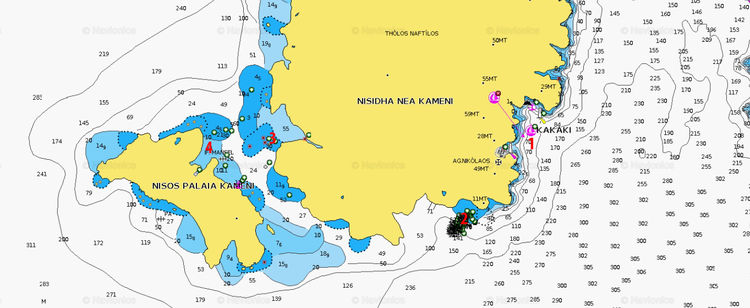 To open Navionics chart of yacht mooring at the buoys in St. Nicholas Bay on Thirasia Island. Santorini. Cyclades. Greece